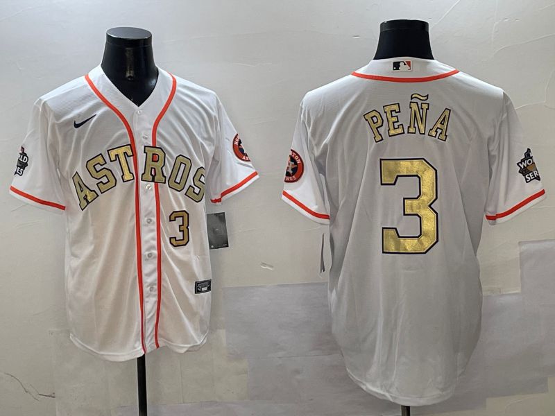 Men Houston Astros #3 Pena White Gold Game 2025 Nike MLB Jersey style 3